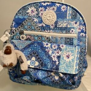 Kipling Blue and White Backpack with Monkey Keychain Pretty patchwork